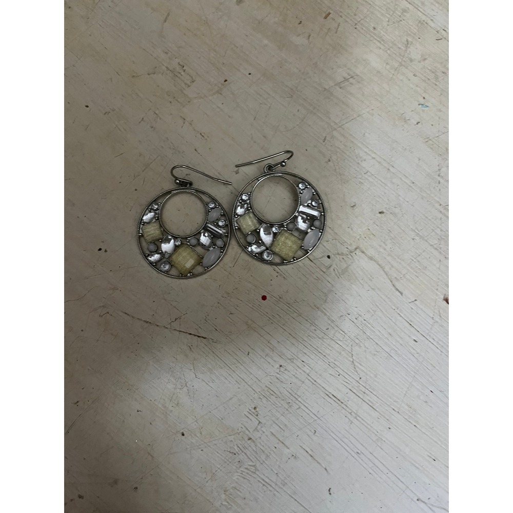 Round Hoop Earrings Dangle Stones Silver Tone‎ Fashion Jewelry
